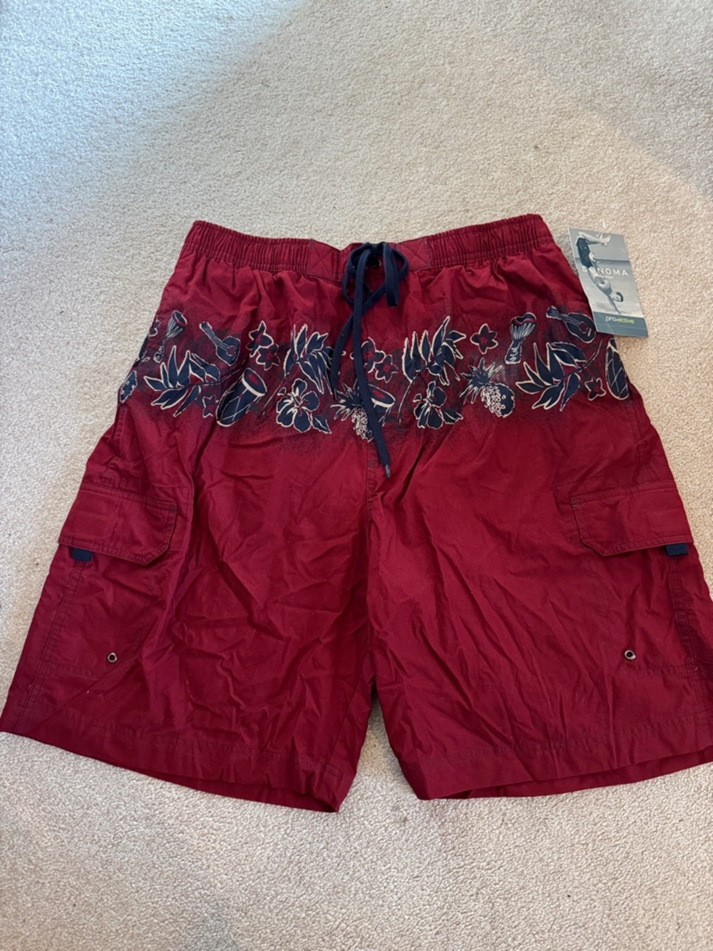 Sonoma Red Floral Trim Men’s Swim Board Shorts